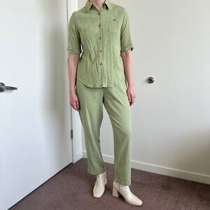 Vicki Wayne Pale Green Short Sleeve Button Down/Pant Matching Set Size L